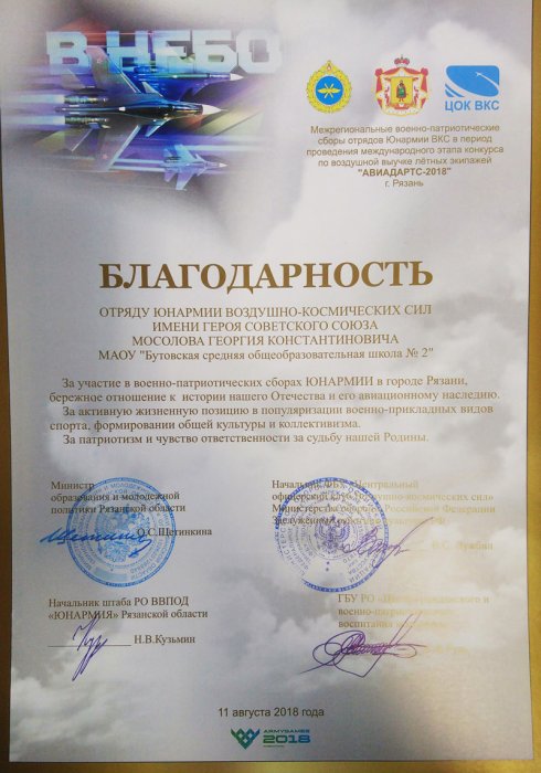 За участие в военно-патриотических сборах ЮНАРМИИ в г.Рязани